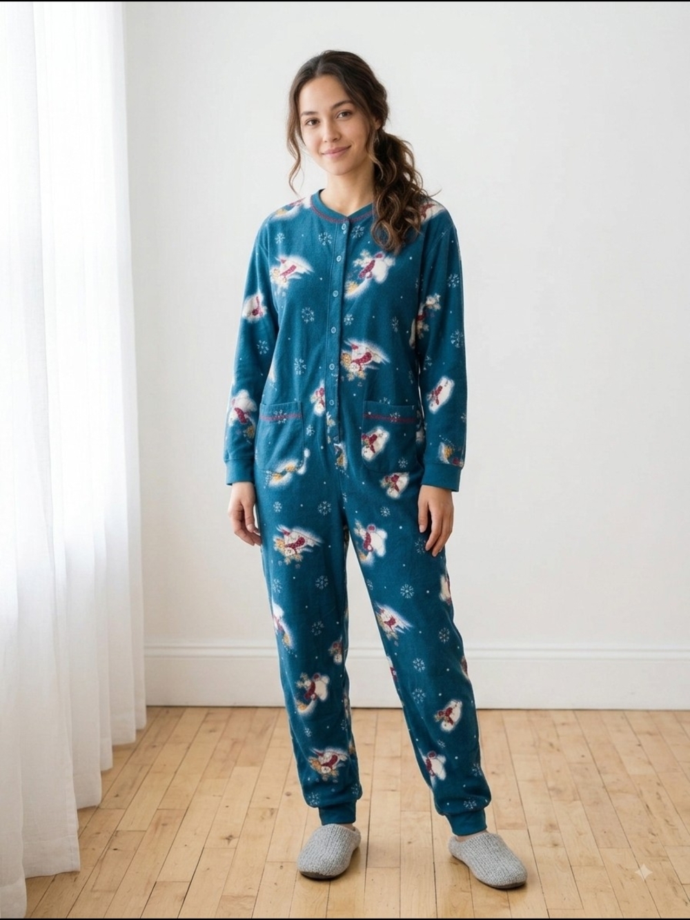 La Senza Vintage Women's Teal Snowman Fleece One-Piece Pajamas Whimsical Holiday